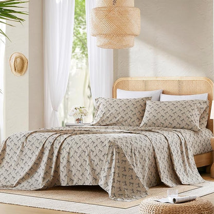 Comfort Spaces 100% Cotton Sheets Twin XL, Breathable, Naturally Cool Cotton Sheets, Cotton Bed Sheets with 12" Elastic Pocket Fits up to 14" Mattress, All Seasons Sheet Set, Bow Black/Taupe 3 Piece