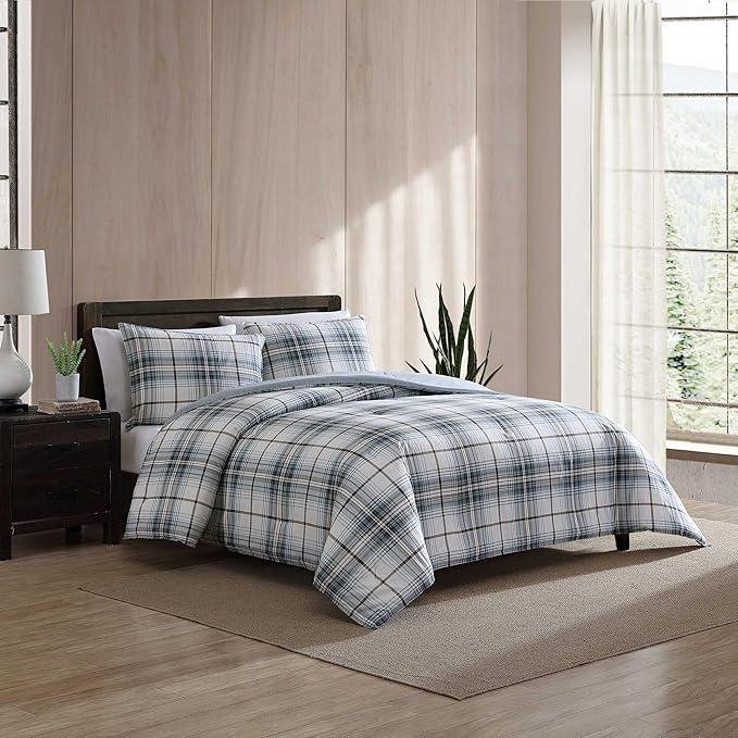 Eddie Bauer - Twin Comforter Set, Reversible Plaid Bedding with Matching Sham, Medium-Weight for Year Round Use, Dorm Essentials (Alder Blue/Grey)