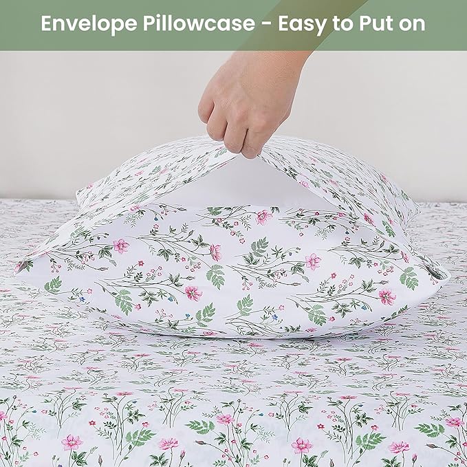 Softan Vintage King Bed Sheets, Cozy Microfiber Flower Printed Sheets with 15" Deep Pocket Fitted Sheet & Non-Slip Straps, Patterned Botanical Wildflower Sheets & Pillowcase Set