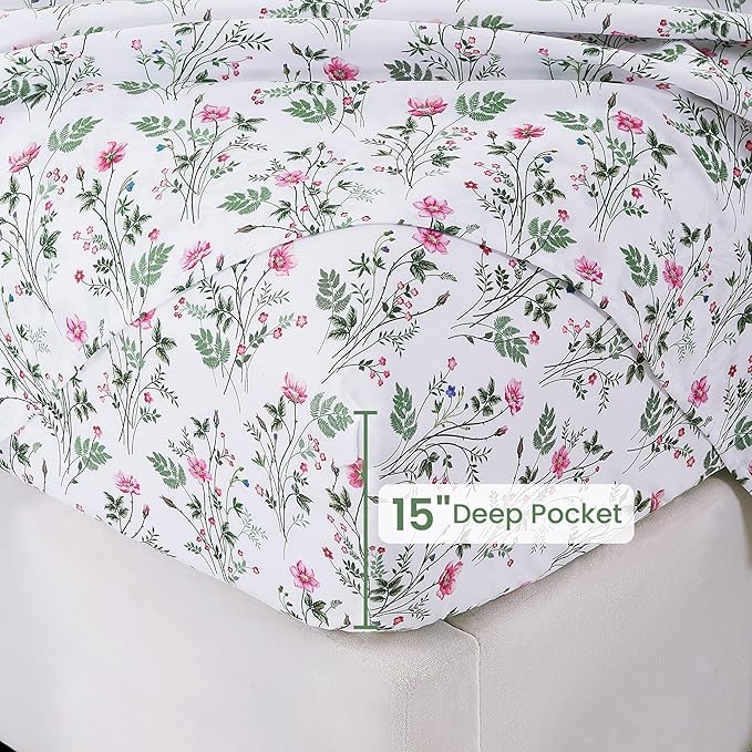 Softan Vintage King Bed Sheets, Cozy Microfiber Flower Printed Sheets with 15" Deep Pocket Fitted Sheet & Non-Slip Straps, Patterned Botanical Wildflower Sheets & Pillowcase Set