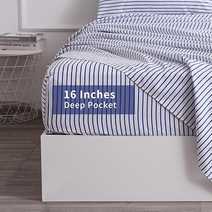 Twin Blue Striped Bed Sheet Set 3 Piece with 16-Inch Deep Pockets- Super Soft & Wrinkle Free Stripe Bed Sheets - Hotel Luxury Blue White Striped Pinstripe Bedding for All Season