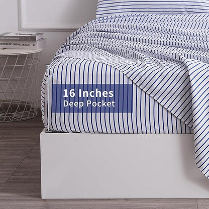 Full Blue Striped Bed Sheet Set 4 Piece with 16-Inch Deep Pockets- Super Soft & Wrinkle Free Stripe Bed Sheets - Hotel Luxury Blue White Striped Pinstripe Bedding for All Season