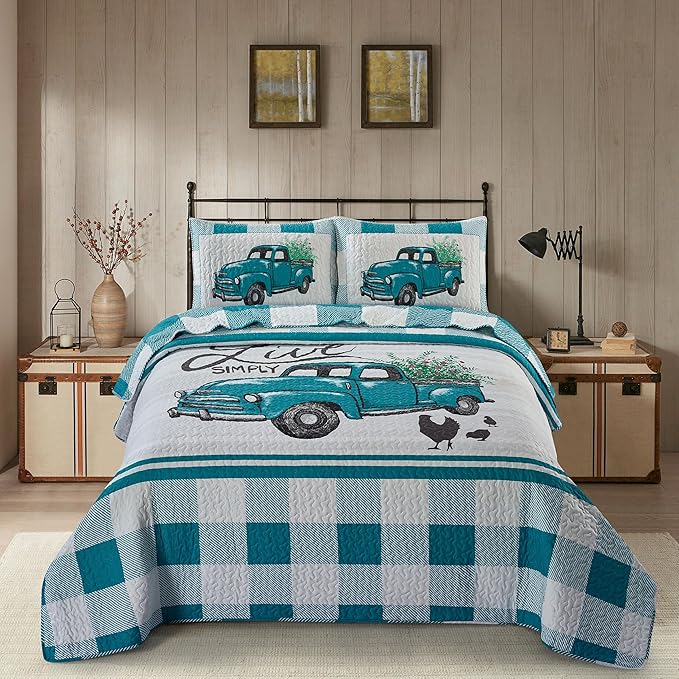 Virah Bella 3 Piece Full/Queen Cabin Quilt Bedding Set - Flower Truck - Rustic Country Reversible Patchwork Comforter Set with Decorative Pillow Shams