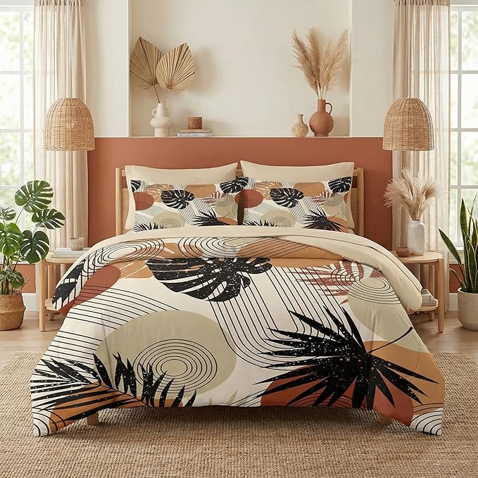 Comforter Set King Size, Boho Retro Leaves Beige 7 Pcs Bedding Set for Kids and Adults, Bohemian Tropical Flower Bed Sheet Sets with Fitted Sheet 2 Pillowcase & 2 Sham for Bedroom Bed Decor