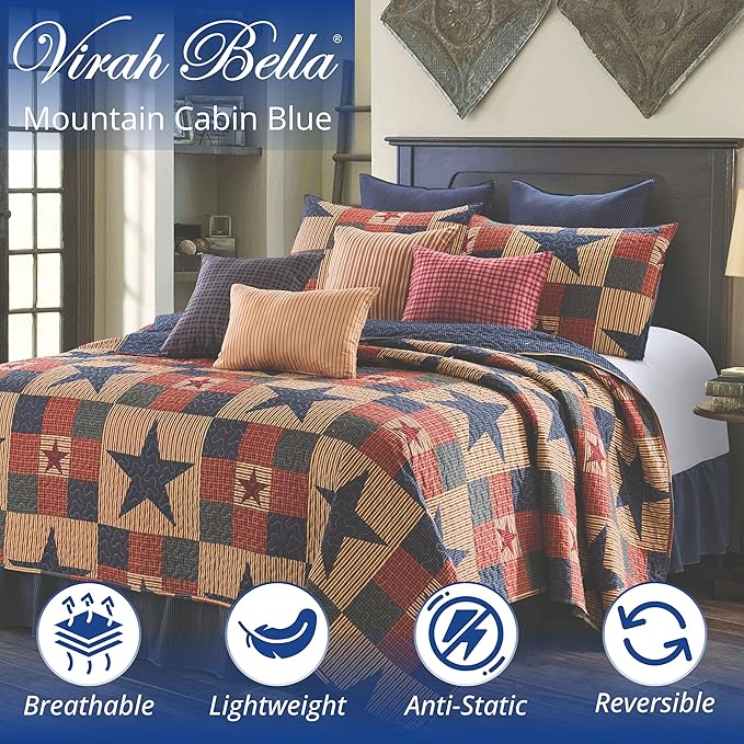 Virah Bella 3 Piece King Cabin Quilt Bedding Set - Mountain Cabin Blue - Rustic Country Reversible Patchwork Comforter Set with Decorative Pillow Shams, Blue/Tan