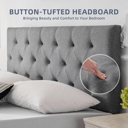 Linen Headboard King Size, Adjustable Height Headboard 37-51 in, Light Gray | Diamond Tufting Solid Wood King Headboards, Durable Metal Legs, Upholstered King Head Board for Bed Frame, Modern Fabric