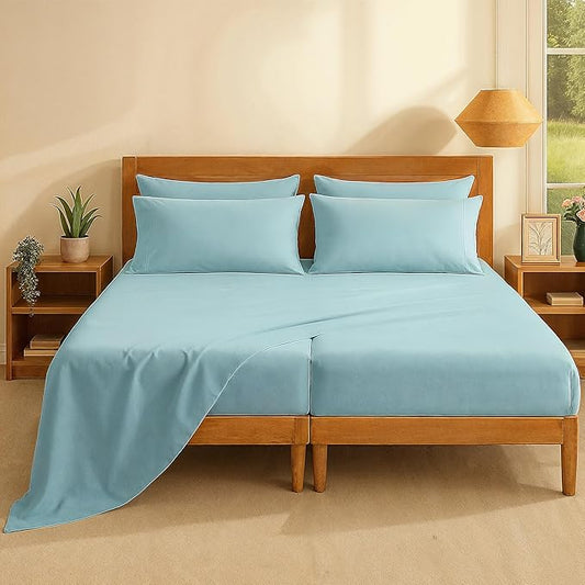 Casa Platino Split King Sheets Sets – 100% Cotton Split King Sheets Cooling with 4 Pillowcases, 15" Deep Pocket Fitted Sheet, Crisp & Smooth Feel, Ultra Soft & Cozy, Fit – Blue Sky