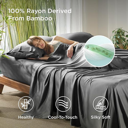 Bedsure Queen Sheet Set, Rayon Derived from Bamboo, Cooling Sheets, PureWoven, Breathable & Soft, Deep Pocket Up to 16 Inches, Hotel Luxury Silky Bedding for Hot Sleepers, Grey