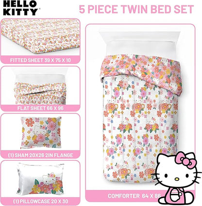 Jay Franco Hello Kitty Twin Size Comforter Set - 7 Piece Bedding Includes Sheet Set & Pillow Covers - Super Soft Floral Bedding