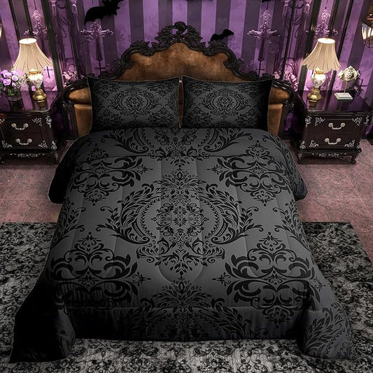 Feelyou Adults Black Vintage Damask Floral Comforter Set Oriental Antique Comforter King Size Gothic Bohemia Boho Floral Bedding Set Bohemian Exotic Duvet Set Quilt Set 3Pcs