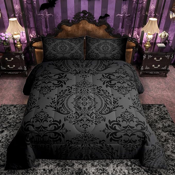Feelyou Adults Black Vintage Damask Floral Comforter Set Oriental Antique Comforter Twin Size Gothic Bohemia Boho Floral Bedding Set Bohemian Exotic Duvet Set Quilt Set 2Pcs