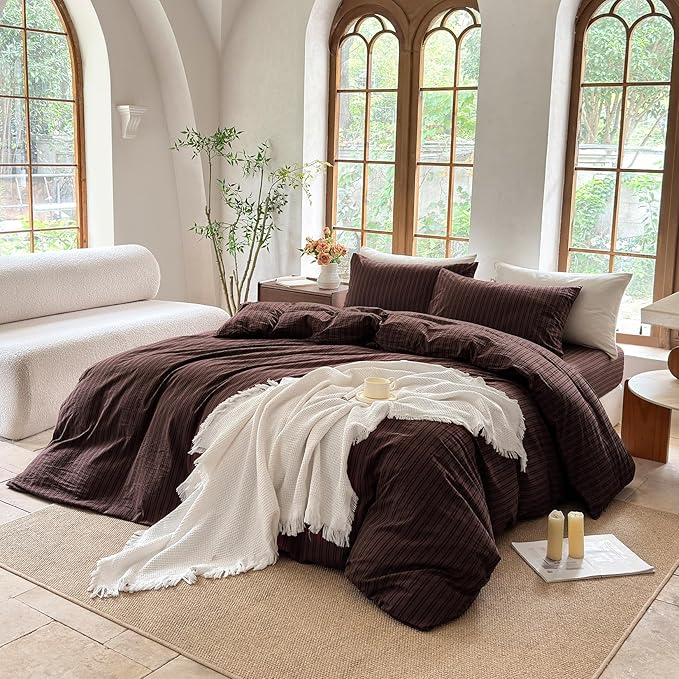 Striped Duvet Cover Set 100% Washed Cotton Linen Like Soft Feelling Breathable Bedding(Pine Bark Brown/Black Strip,Twin)