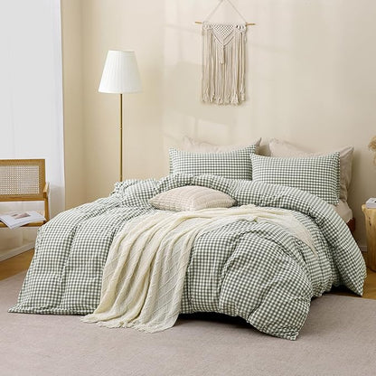 TOCOMOA Green Gingham Duvet Cover Bedding Set 100% Washed Cotton Like Linen Feel Super Soft Comfortable 3 Piece Vintage Plaid Checkered Comforter Cover Set (King 104"x90", Comforter Not Included)