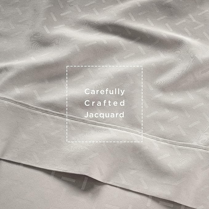 Threadmill Cotton Queen Sheet Set | 100% Cotton Sheets for Queen Size Bed | Damask Jacquard Queen Bed Sheets Set with 16” Deep Pocket | Soft Sateen Weave 4-Piece Cooling Bedding Set | Light Grey