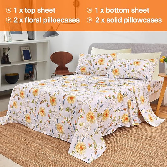 JSD 6 Piece Floral Print Sheet Set Queen Size, Soft Spring Botanical Microfiber Bed Sheets Deep Pocket