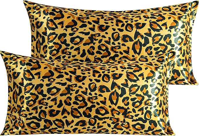 NTBAY 2 Pack Satin King Pillowcases for Hair and Skin, Luxurious and Silky Leopard Printed Pillow Cases with Envelope Closure, 20x36 Inches, Yellow and Black