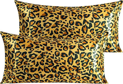 NTBAY 2 Pack Satin King Pillowcases for Hair and Skin, Luxurious and Silky Leopard Printed Pillow Cases with Envelope Closure, 20x36 Inches, Yellow and Black