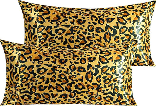 NTBAY 2 Pack Satin King Pillowcases for Hair and Skin, Luxurious and Silky Leopard Printed Pillow Cases with Envelope Closure, 20x36 Inches, Yellow and Black