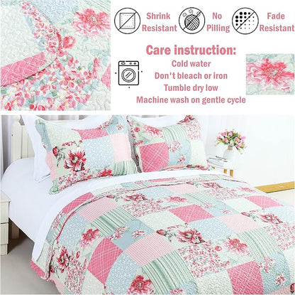 Cmfshape Summer Floral Queen Quilted Bedspread,Romantic Pink Quilt Set,Reversible Stitched Bedding Set All Season,Soft Lightweight Coverlet with Pillow Cases (Pink&Grey, Queen90 x90)