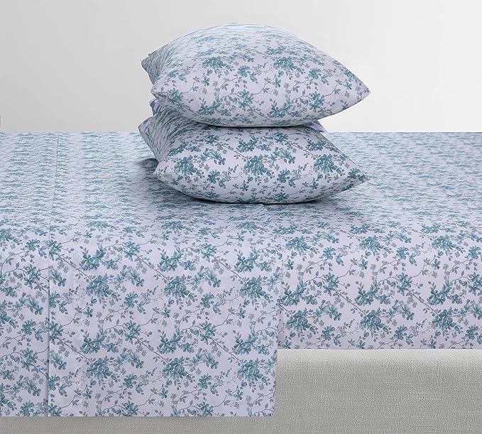 Feather & Stitch Softest 100% Cotton Sheets, 300 Thread Count Percale Weave Bedding, 16" Deep Pocket, Cooling Sheets, Breathable Bed Set, Hotel Premium Quality (Full, Blue Floral)