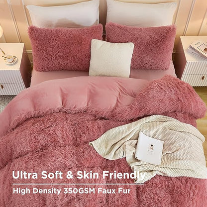 Andency Fluffy Old Pink Comforter Set King Size, 3 Pieces Winter Faux Fur Warm Soft Fuzzy Plush Bedding Comforter Set (1 Velvet Comforter & 2 Pillowcases), Thick Heavy Puffy Comforters Bedding Set