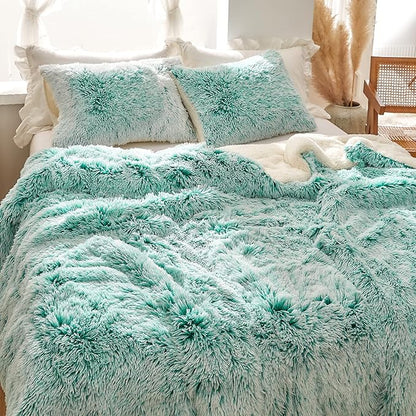Luxury Faux Fur Shaggy Comforter Set King Size, Plush & Sherpa Reversible Comforter Teal with White, 3 Pieces Fluffy Fuzzy Bedding Set Ultra Soft and Warm for Winter (1 Comforter + 2 Pillowcases)