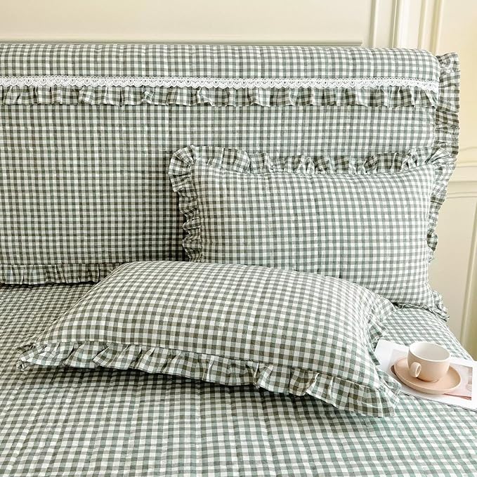 mixinni Vintage Green Gingham Ruffle Comforter Set 3-Piece Washed Cotton Queen Size Grid Bedding Set with Geometric Checkered Pattern, Farmhouse Chic Soft Fluffy Comforter for All-Season