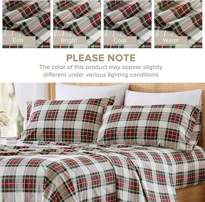Comfort Spaces 100% Cotton Sheets Full, Breathable, Naturally Cool Cotton Sheets, Cotton Bed Sheets with 14" Elastic Pocket Fits up to 16" Mattress, All Seasons Sheet Set, Scottish Plaid Red 4 Piece