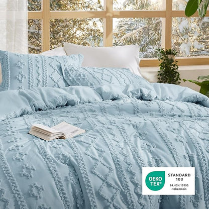 Bedsure Tufted Boho Comforter Set King Size - Light Blue Boho Bed Set, GentleSoft™ 3 Pieces Farmhouse Shabby Chic Embroidery Bedding, Gifts for Woman, Soft Jacquard King Comforter for All Seasons