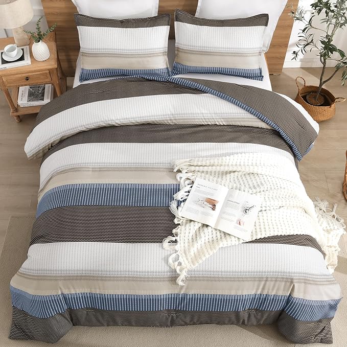 Litanika King Comforter Set Blue Brown - 3 Pieces Lightweight Fluffy Bedding Comforter Sets, All Season Down Alternative Comforter (1 Comforter, 2 Pillowcases)