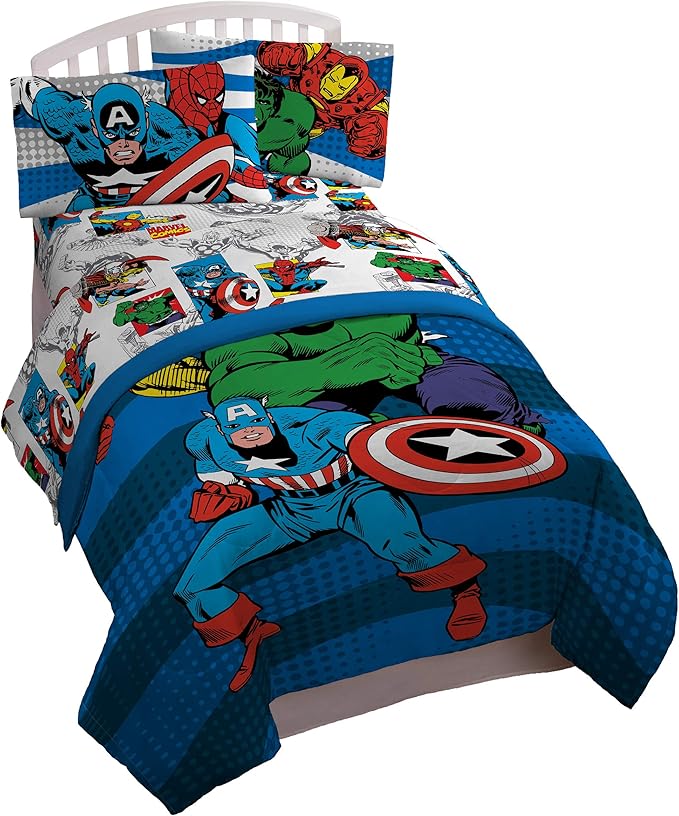 Jay Franco Marvel Avengers Comics Good Guys 5 Piece Full Bed Set, Blue