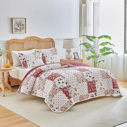 Joyreap 3 Pieces Floral Patchwork Quilt Set Twin, Burgundy Red n White Flowers Design, Smooth Soft Microfiber Quilt, Bedspread Bed Cover for All Season, 90x90 inches