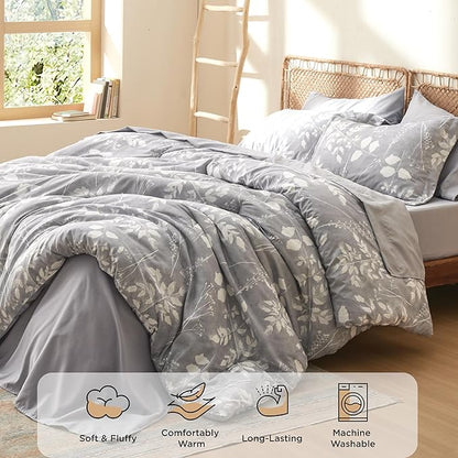 Bedsure Queen Comforter Set - 7 Pieces Floral Grey Soft Bedding Sets, Queen Bed in a Bag with Botanical Flowers Comforter, Sheets, Pillowcases & Shams