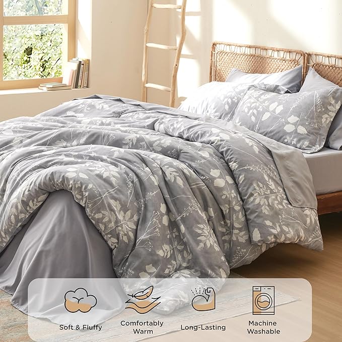 Bedsure Full Size Comforter Set - 7 Pieces Floral Grey Soft Bedding Sets, Full Bed in a Bag with Botanical Flowers Comforter, Sheets, Pillowcases & Shams