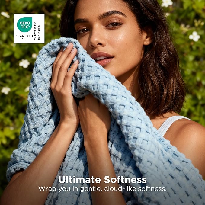 Bedsure Cooling Cotton Waffle Weave Throw Blanket - Lightweight Breathable Blanket of Rayon Derived from Bamboo for Hot Sleepers, Luxury Throws for Bed, Couch and Sofa, Light Blue, 50x70 Inches
