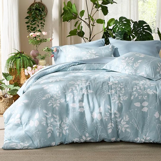 Bedsure Sky Blue Full Comforter Set - 7 Pieces Floral Bedding Sets, Full Bed in a Bag with Reversible Botanical Flowers Comforter, Sheets, Pillowcases & Shams