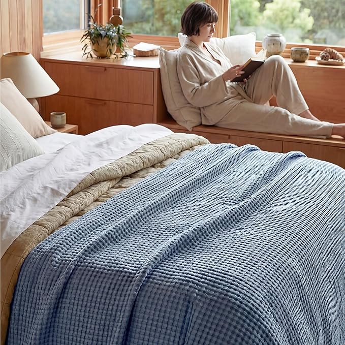 Bedsure Cooling Cotton Waffle King Size Blanket - Lightweight Breathable Summer Blanket of Rayon Derived from Bamboo for Hot Sleepers, Luxury Throws for Bed, Couch and Sofa, Dusty Blue, 104x90 Inches