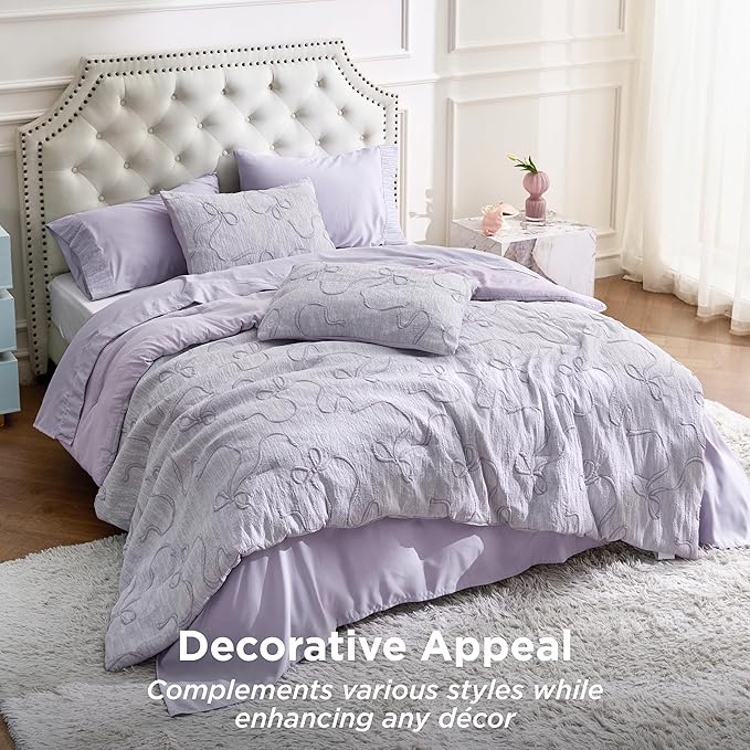Bedsure Purple Comforter Set Queen, GentleSoft™ 3 Pieces Breathable Bow Comforter Set Women Girls with 2 Pillow Shams, Cute Queen Bedding Sets Purple Room Decor Aesthetic Bedroom Decor, 90x90 Inches
