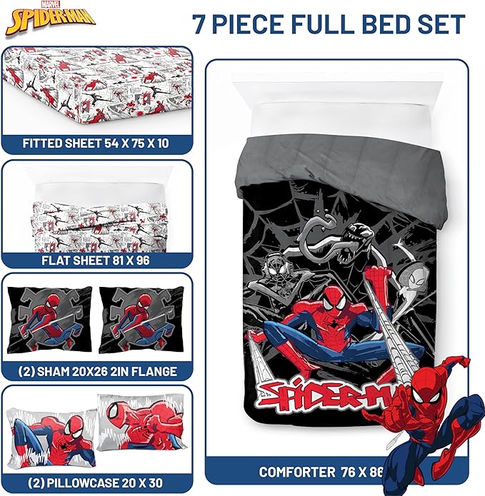 Jay Franco Kids Comforter Set Includes Sheets and Pillow Covers - Soft and Cozy Bed Set for Stylish Room Decor, Black - Spiderman, 7 Piece Full Bedding