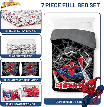 Jay Franco Kids Comforter Set Includes Sheets and Pillow Covers - Soft and Cozy Bed Set for Stylish Room Decor, Black - Spiderman, 7 Piece Full Bedding
