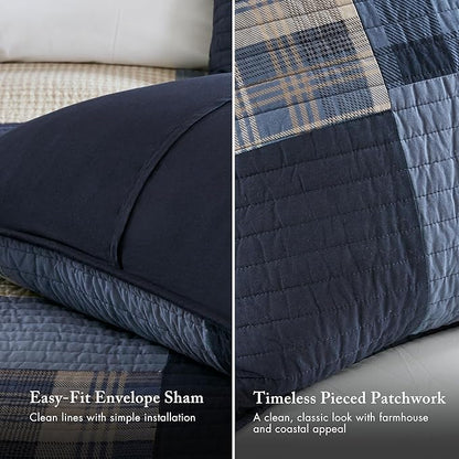 WOOLRICH Quilt Set Patchwork Channel Quilting, Cottage Coverlet for Twin Size Bed All Seasons, Lightweight Prewashed Cotton Coverlet Bedspread, Shams, Winter Hills, Oversized Twin/Twin XL Blue 2 Piece