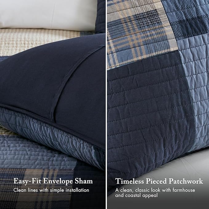 WOOLRICH Quilt Set Patchwork Channel Quilting, Cottage Coverlet for Twin Size Bed All Seasons, Lightweight Prewashed Cotton Coverlet Bedspread, Shams, Winter Hills,Oversized King/Cal King Blue 3 Piece