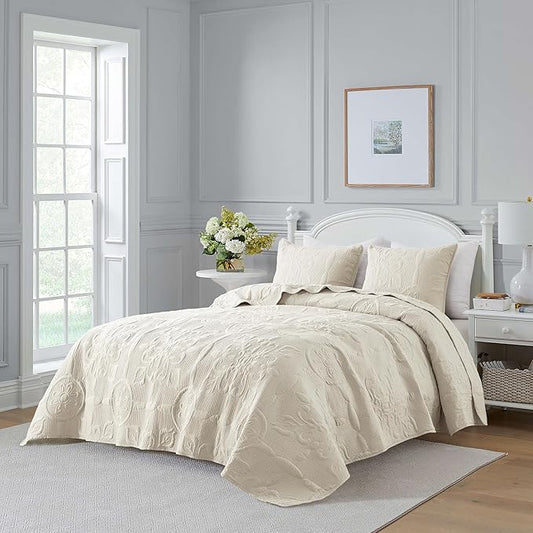 Ivory Damask Quilt Queen Size Bedding Sets with 2 Pillow Shams, Cream Boho Bedspread Lightweight Soft Farmhouse Vintage Bohemian Coverlet Retro Jacquard Pattern Bed Cover for All Season, 3 Pieces