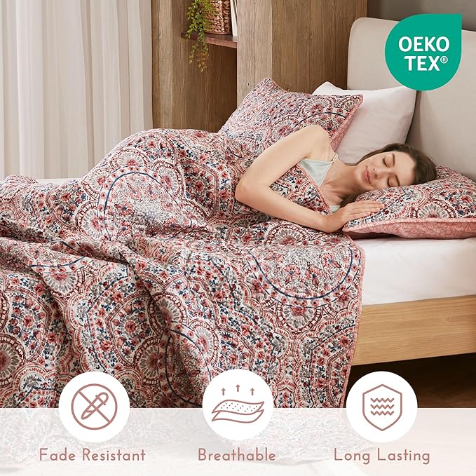 Comfort Spaces Valerie Boho Quilt Set King Pink - Soft Lightweight Bedding with Watercolor Medallion Design, Reversible All Season Quilt for Master Bedroom or Guest Room