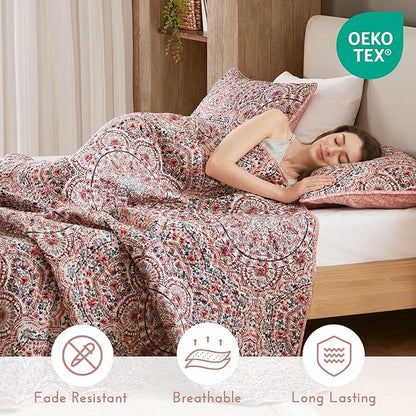 Comfort Spaces Valerie Boho Quilt Set Full/Queen Pink - Reversible Lightweight Bedding with Watercolor Medallion, Cozy All Season Quilt for Guest Room, Dorm, Teen or Adult Bed