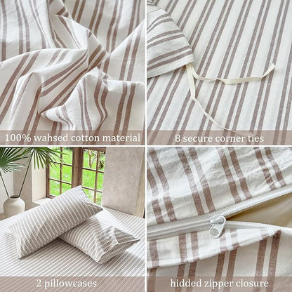 Striped Duvet Cover Set 100% Washed Cotton Linen Like Soft Feelling Breathable Bedding(Light Yellow/White Strip,King)