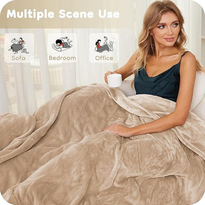 Electric Heated Blanket Throw Size 50"×60", Breathable & Luxurious Flannel, Soft Warm Gift with Over-Heat Protection, 4 Heating Levels & 3 H Auto Shut Off, Machine Washable, Light Brown