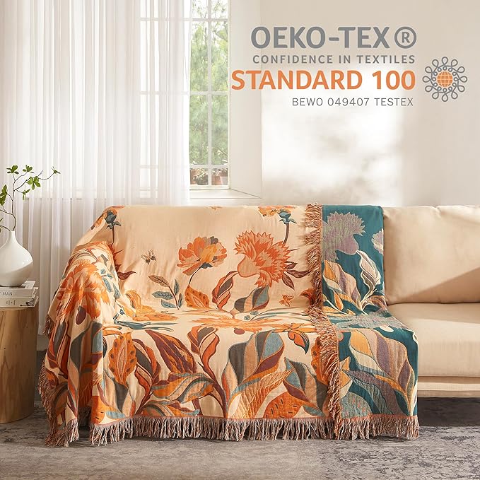 Boho Throw Blanket for Bed 90”x108”, 100% Cotton Woven Blanket for Couch Sofa, Ultra Soft 4-Layer Muslin Quilt with Floral Printed, Farmhouse Bed Blanket/Cover for Living Room Decor