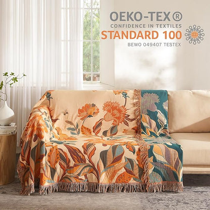 Boho Throw Blanket for Bed 50”x60”, 100% Cotton Woven Blanket for Couch Sofa, Ultra Soft 4-Layer Muslin Quilt with Floral Printed, Farmhouse Bed Blanket/Cover for Living Room Decor