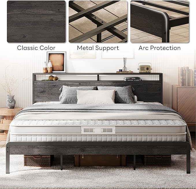 LIKIMIO King Bed Frame with Headboard, Dark Wood Camas King with Strong Supports, Sturdy, Noise-Free, No Box Spring Needed, Charcoal Grey